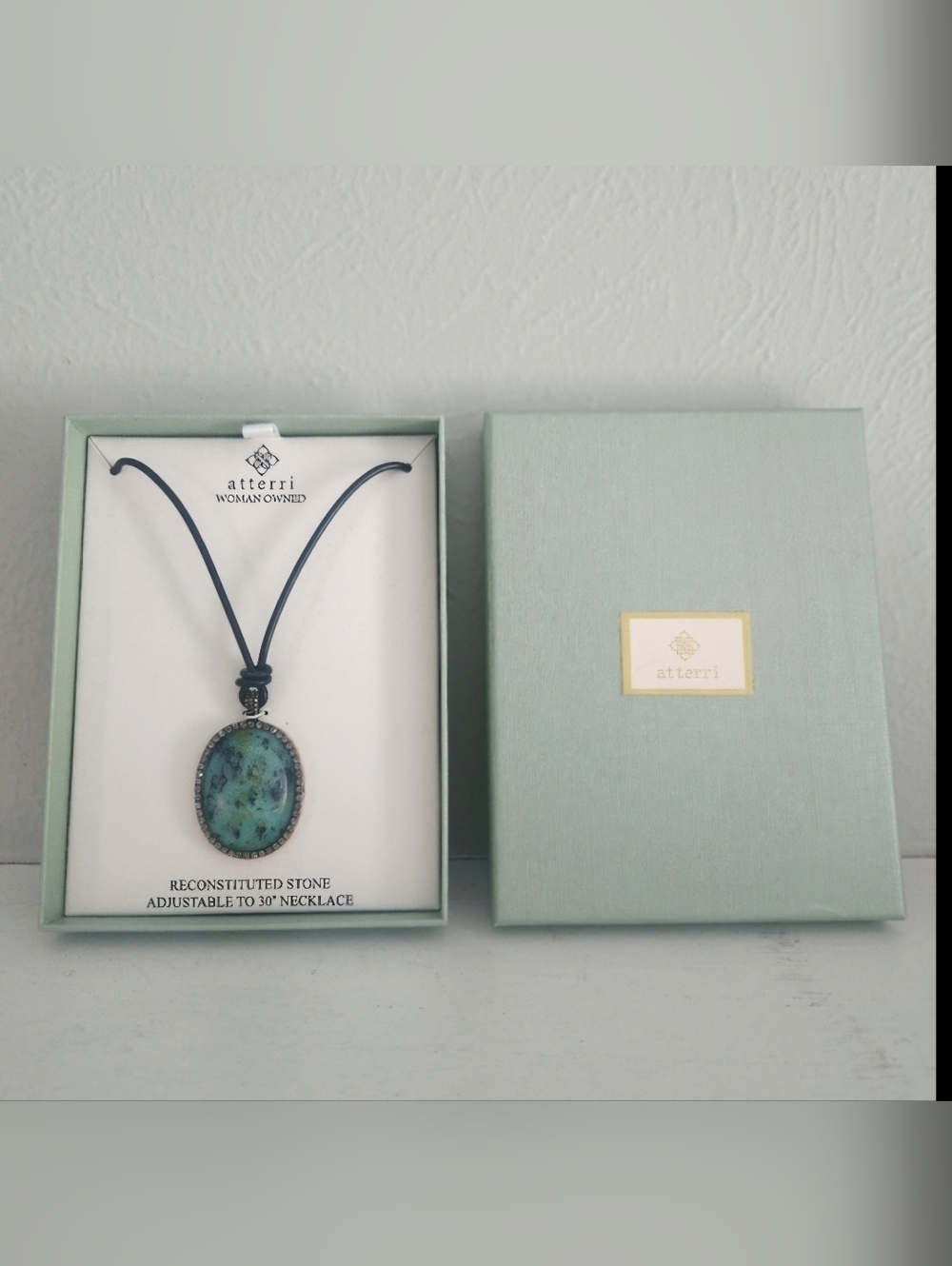 New In Box- Atterri Woman Owned Reconstituted Oval Jadeite Stone Necklace